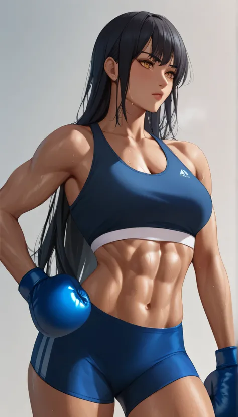 black hair,masterpiece,best quality,highres,ultra-detailed,aashizue,yellow eyes,long hair,(sports bra:1.2), boxing gloves,toned, muscular,sweating, (sleeveless:1.4),cowboy shot,