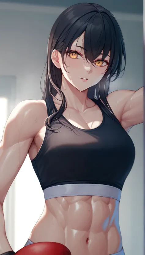 black hair,masterpiece,best quality,highres,ultra-detailed,aashizue,yellow eyes,long hair,(sports bra:1.2), boxing gloves, toned, muscular,sweating, (sleeveless:1.4)
