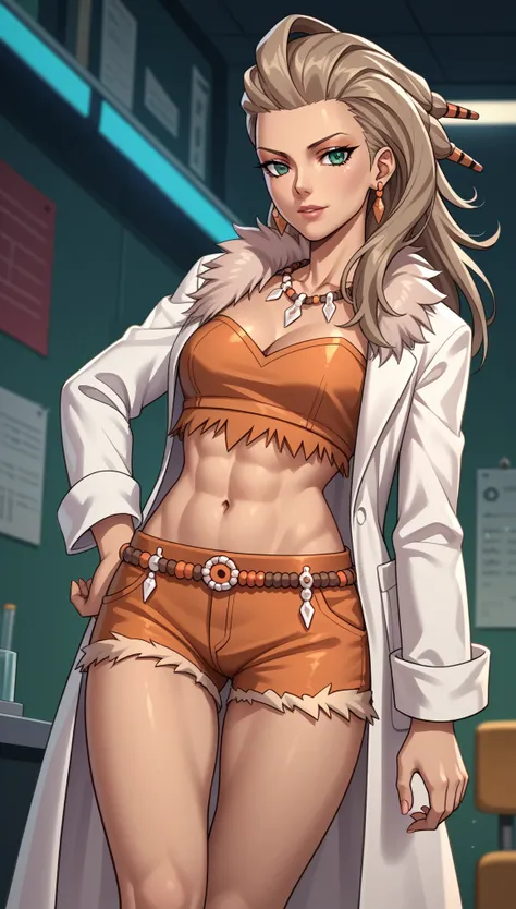 (zPDXL2), (PonyXLV6_Scores), source_anime,  
best quality, (masterpiece),(ultra-detailed), (high quality), (high resolution), professor sada,navel, green eyes, detailed eyes, perfect faces, shorts, necklace, labcoat,  orange_clothes