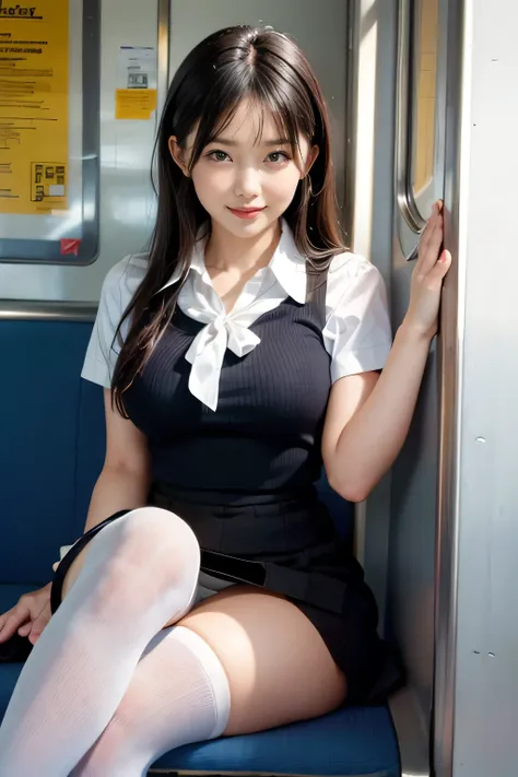 4k.sharp focus、(((sit well))), beauty sitting on train seat, taken from the opposite seat, knee height seat, view photographer, ...