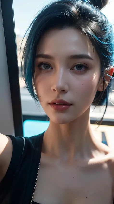 Ultra realistic selfie of cyberpunk 2077 female dancer, video game unreal engine, blue hair half shaved, messy bun