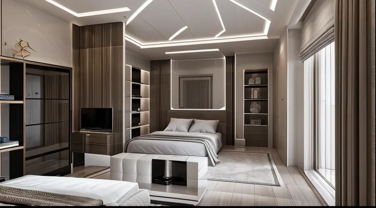 bedroom design, modern interior, flat walls, glossy wood flooring, daylight, cinematic lighting, dynamic lighting, real photos t...