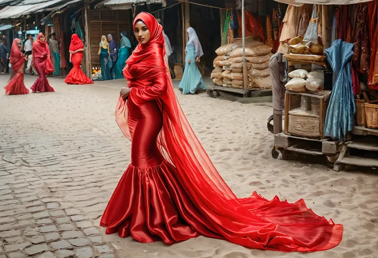 A woman shrouded in 9 meters of red silk organza, tight wrapped from the waist to the thighs and mermaid shape on the bottom of dress, tied tightly and magnificently draped along her body shape, 9 meter long flowing dress tail on the floor, strugle to hand...