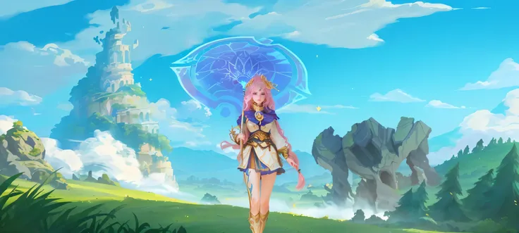 A character stands at the center of a vibrant fantasy landscape with towering ruins and majestic rock formations. She has long pink hair adorned with gold accessories and holds a magical staff. Her outfit is an ornate ensemble with gold and blue accents. T...