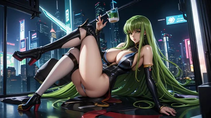 Code Geass, C.C, 1girl, (((bimbo))), long green hair, yellow eyes, ear rings, puffy lips, painted lips, thick lips, wide hips, thick thighs, small breast, huge ass, revealing cleavage, bubble butt, camel toe, Breasts, skin tight white venom, white venom, v...