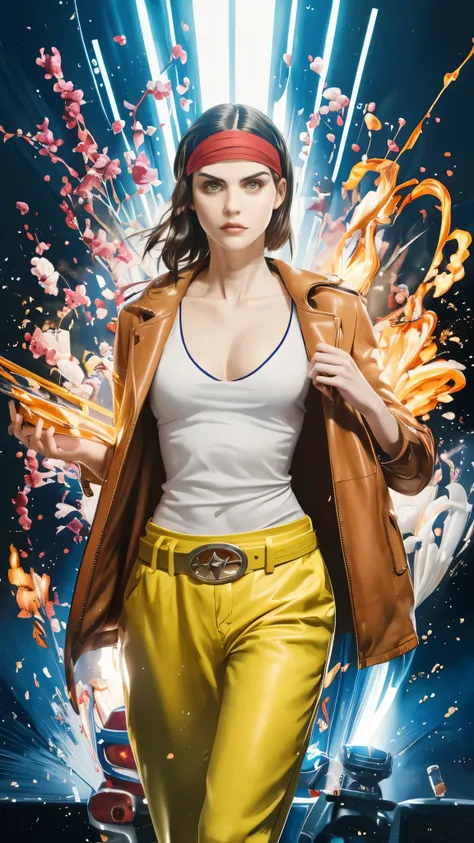 (masterpiece:1.2, best quality:1.2, extremely delicate:1.2), ((Alexandra Daddario:1.2)), a young women with short purple hair, side-parted bangs, wearing a headband, a determined gaze, a serious expression, a futuristic fantasy-style leather jacket featuri...