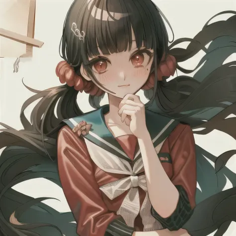 Bisexual Futa Maki Harukawa, 1girl, red shirt, red scrunchie, solo, bangs, white background, shirt, hair scrunchie, school uniform, collarbone, upper body, blunt bangs, looking at viewer with shy blushing smile, serafuku, long sleeves, sailor collar, white...