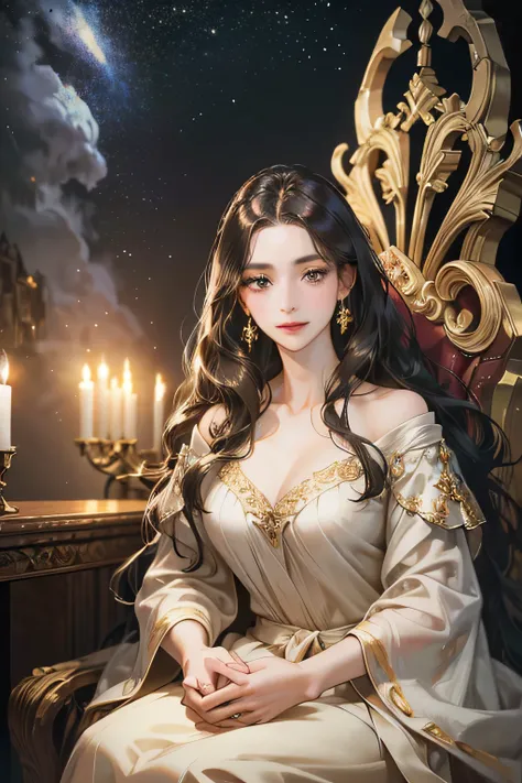 a charming woman, gentle, wearing a brown gown, black eyes, black long wavy hair, sitting on a throne, galaxy scenery, light smile, half body, fair skin, delighted face, sweet look, (best quality,4k,8k,highres,masterpiece:1.2),ultra-detailed,(realistic,pho...