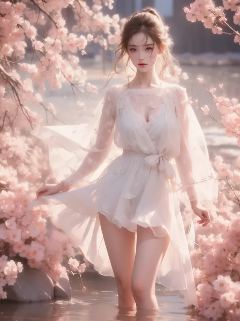 dress, bouffont dress, transparent long sleeves, daisies, cherry,,（(Girl lying in the river))、night，moonlight，((water滴, water流, water，流动的water，water，流动的water滴，飞溅的water喷，飞溅的water滴，water滴落，The beating waves，)) She gently lifted her skirt with one hand，Make g...