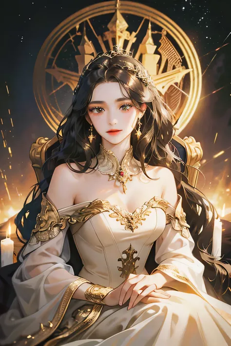 a charming woman, gentle, wearing a brown gown, black eyes, black long wavy hair, sitting on a throne, galaxy scenery, light smile, half body, fair skin, delighted face, sweet look, (best quality,4k,8k,highres,masterpiece:1.2),ultra-detailed,(realistic,pho...