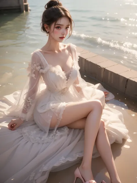 dress, bouffont dress, transparent long sleeves, daisies, cherry,,（(girl lying in the river))、night，moonlight，((water滴, water流, ...