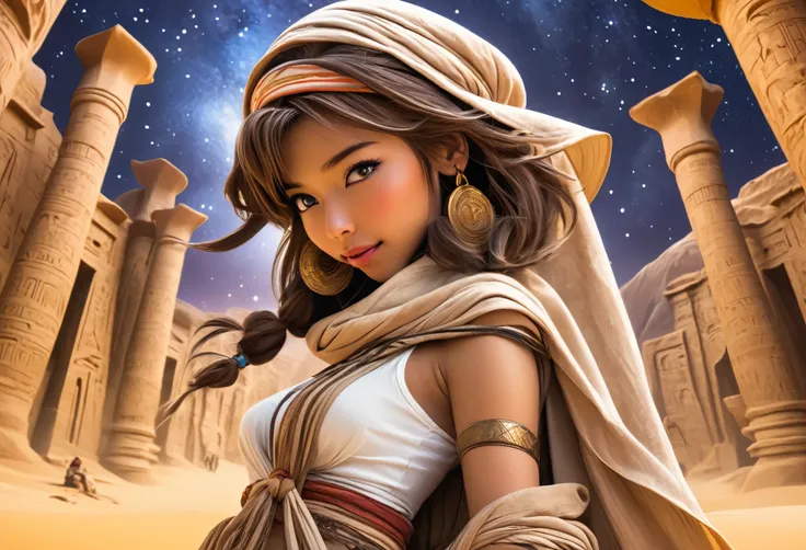 A cute Yuna portrays Indiana Jones in a sexy outfit as she explores a desert valley with ancient Egyptian architecture carved in the walls, bight stars in night sky
