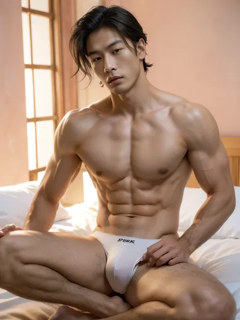 Asian man in a thongs, handsome man, handsome guy, handsome asian man, Full Body Shoot, wavy hair, short hair, male underwear, thongs, white thongs, portrait, detailed facial parts, Manly, Charmer, Active Boy, sleeping, sleeping on bed, lie down, open legs...