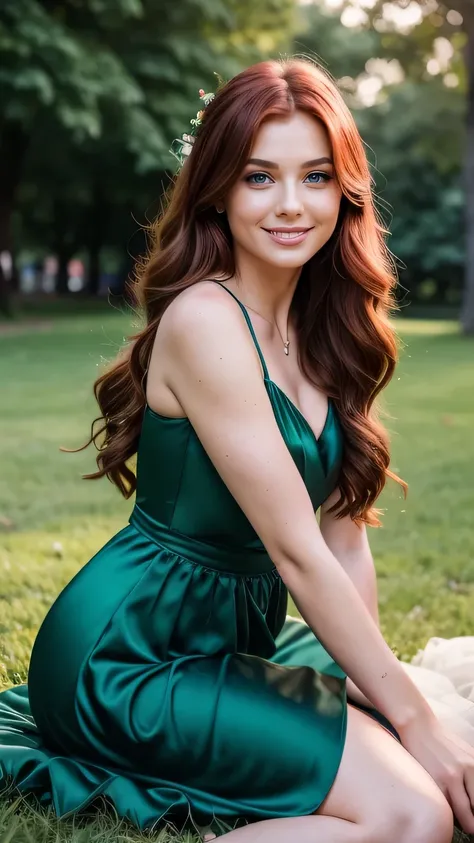 Realistic upper body photo of a red-haired flower girl aged 23 with long hair, smile. She dances in front of the camera in a long A-line dress with straps made of shiny, dark green satin..., Park,Glamour photoshoot under the skirt, Wedding celebration, per...