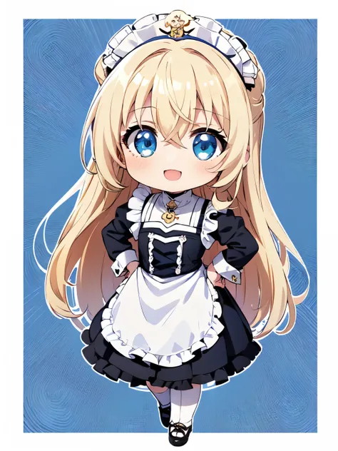 one girl、(moe:1.10)、hands on hips in cute white and blue maid outfit、cute smile、((chibi character:1.2))、beautifully colored eyes...