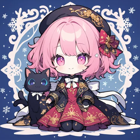 ultra-detailed illustration of cute girl, wizard girl with a magical black cat, sitting, solo, chibi, pale pink short hair, magenta eyes, twinkle eyes, white pupils, beret, black robe with golden embroidery, red and black dress, white ribbons, decorative b...