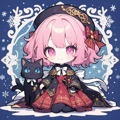 ultra-detailed illustration of cute girl, wizard girl with a magical black cat, sitting, solo, chibi, pale pink short hair, magenta eyes, twinkle eyes, white pupils, beret, black robe with golden embroidery, red and black dress, white ribbons, decorative b...