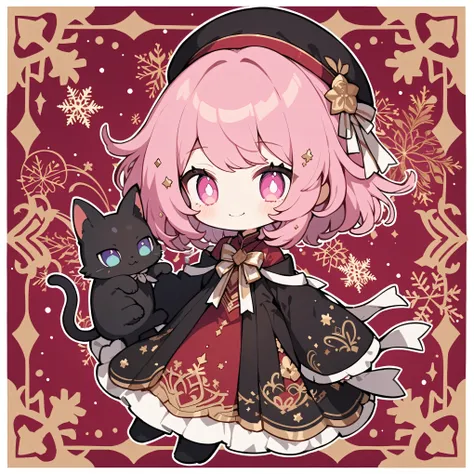 ultra-detailed illustration of cute girl, wizard girl with a magical black cat, solo, chibi, pale pink short hair, magenta eyes, twinkle eyes, white pupils, beret, black robe with golden embroidery, red and black dress, white ribbons, decorative background...