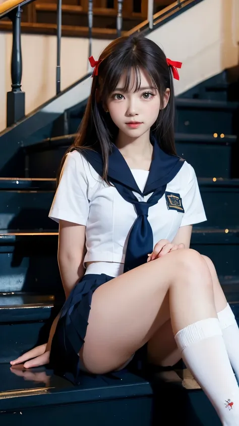 Woman in sailor uniform, red ribbon, navy blue pleated skirt, sitting on school emergency stairs, knees bent, legs spread, loafers, white socks