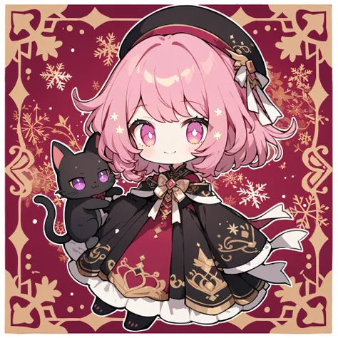 ultra-detailed illustration of cute girl, wizard girl with a magical black cat, solo, chibi, pale pink short hair, magenta eyes, twinkle eyes, white pupils, beret, black robe with golden embroidery, red and black dress, white ribbons, decorative background...