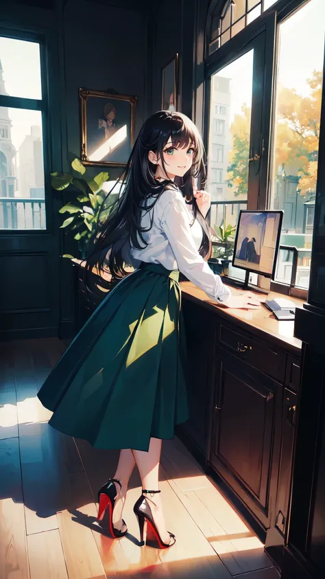 ((masterpiece, high resolution, better quality, better details)), ((Smiling)), ((one girl)) a girl sitting in the office, full body, maxi green skirt, blouse,((louboutin high heels)), green eyes , ((black hair, long hair)), shiny skin, ((behind view)), sol...