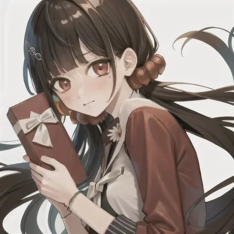 Bisexual Futa Maki Harukawa, holding chocolate bag, solo, bangs, white background, upper body, looking at viewer with shy blushing smile. Holding chocolate bag! 