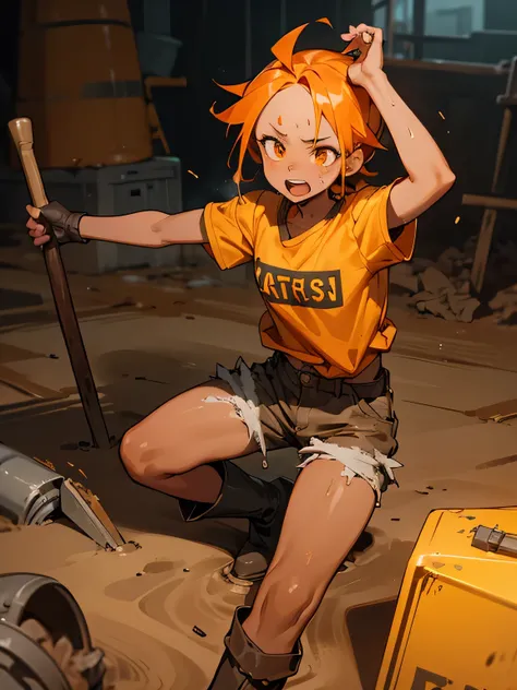 Coal miner, soiled T-shirt, dirty short low-rise, boots, orangecolor hair, big forehead, (dark skin), attractive chest, lively, open mouth and loud call, yellow safety helmet, pickaxe, mining, sweat, dust, oily skin,