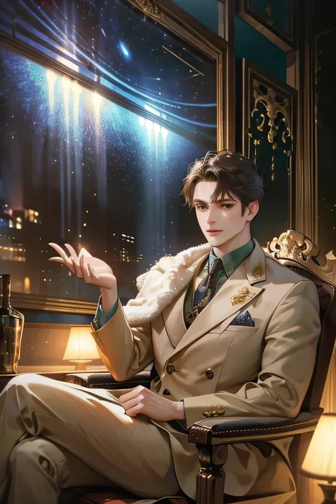 a serious man, gen wearing a brown suit, light green eyes, black short swept hair, sitting on a throne, galaxy scenery, light smile, half body, fair skin, stern look, masculine face, (best quality,4k,8k,highres,masterpiece:1.2),ultra-detailed,(realistic,ph...