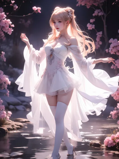 sangonomiya kokomi,hair ornament,white pantyhose,white half gloves,frilled sleeves,bow-shaped hair,bow,detached collar,sandals,white panties,1girl,独奏,widesleeves,longhair,purple eyes（(女孩躺在water池里))、Glass texture、Light transmission，Spectrum Light， 渐变半Clear ...