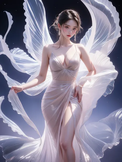 dress,wings,fairy,（(女孩躺在water池里))、Glass texture、Light transmission，Spectrum Light， 渐变半Clear glass璃熔体, Caustics, Clear glass, night，moonlight，((water滴, water流, water，流动的water，water，流动的water滴，飞溅的water喷，飞溅的water滴，water滴落，The beating waves，)) She gently lifted...