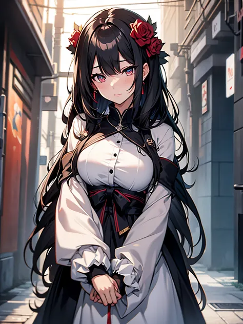 anime girl with long black hair and a white dress with red roses, tattoo, detailed beautiful eyes, guweiz, guweiz on pixiv artst...