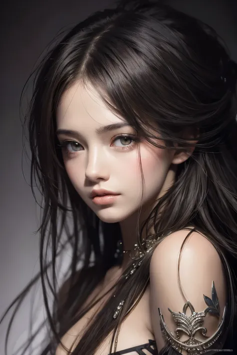 A stunning masterpiece by Luis Royo, High-quality and realistic depiction of a shiny, beautiful girl, Natural skin texture, (((This surreal portrait captures the essence of youth and beauty))), (((The girl&#39;s arms and legs are attached with elaborate ch...