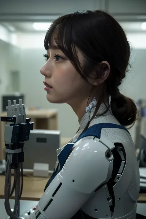 masterpiece, Best Quality, Extremely detailed, 8K portrait,Japaese android girl,Plump , control panels,Robot arms and legs, Blunt bangs,perfect robot girl,a bit chubby,white gloves,chest monitor,blue eyes,Charging spot,She is exhibits,exibition hall,promo ...