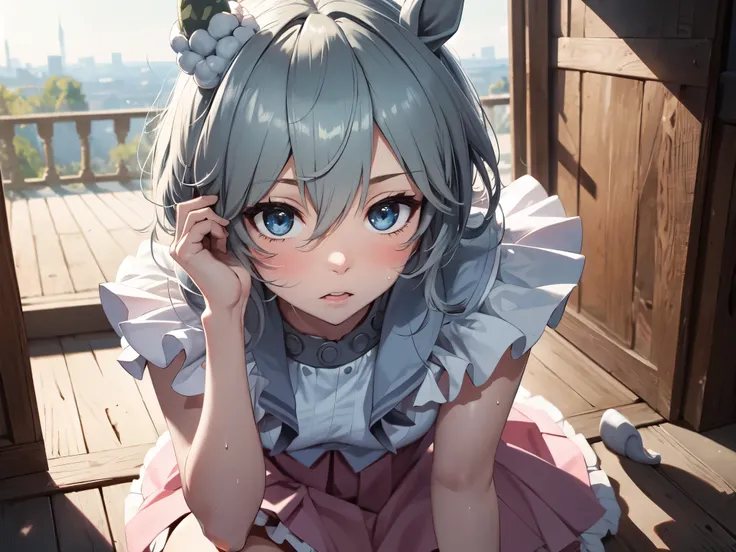 masterpiece, uhd, best quality, highres, 8k。solo、Alone、１Alone。Girl with horse ears、beautiful girl。View skirts。blush、A sneak peek、Open your eyes、Sweaty、Surprised、panic、Desperate。Light pink lip、Beautiful breasts。Crawl。cliff、Starry Sky。Dynamic Angle