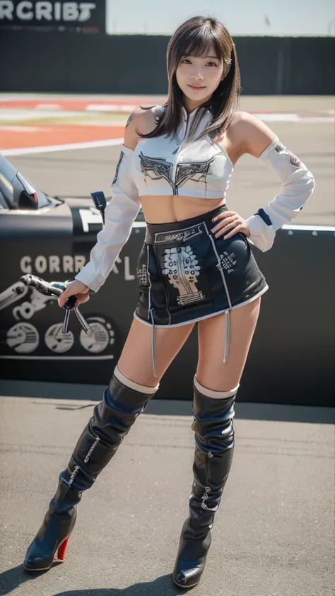 (8k, best quality, masterpiece, Body of the best proportion, detailed:1.5), (A Japanese race queen, tall, glamor, sexually flattering clothing, mini skirt, boots, smile, Posing as a fashion model:1.4), (racing circuit:1.8), huge breasts