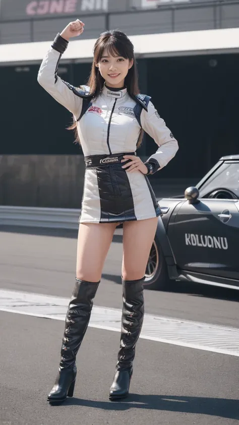 (8k, best quality, masterpiece, Body of the best proportion, detailed:1.5), (A Japanese race queen, tall, glamor, sexually flattering clothing, mini skirt, boots, smile, Posing as a fashion model:1.4), (racing circuit:1.8), huge breasts