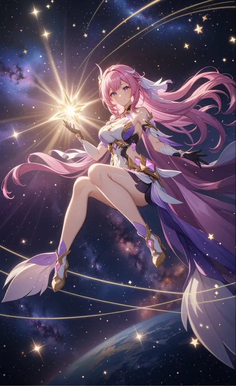 ai-generated,very aesthetic,1girl,elysia_/(herrscher_of_human:ego/)_/(honkai_impact/),pointed_ears,pink_hair,dreamy anime fantasy background,raytracing,light purple eyes,well-defined pink diamond pupils,floating,light particles,dsmile,breathtakingly gorgeo...