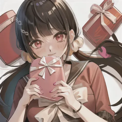 bisexual futa maki harukawa, holding valentine chocolate heart shape bag with name natalie sasin on it for her girlfriend for va...