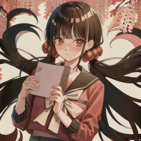 bisexual futa maki harukawa, holding love letter with heart on it for female viwer, solo, bangs, school standing under sakura tr...