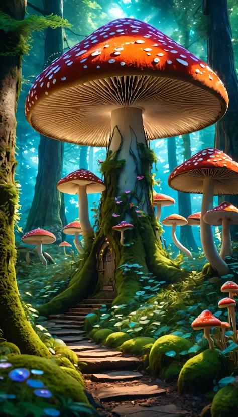 masterpiece, best quality, high quality,extremely detailed CG unity 8k wallpaper, An enchanting and dreamy scene of a fantasy forest, with towering trees, glowing mushrooms, and hidden fairy glens, creating a sense of mystique and enchantment,, award winni...
