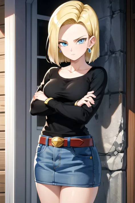Android 18, 1girl, android 18, solo, blonde hair, blue eyes, short hair, mountain, crossed arms, belt, denim skirt, earrings, (long white sleeves:1.3), jewelry, looking at viewer, standing, shirt, blue skirt, collarbone, black shirt, denim, striped sleeves...