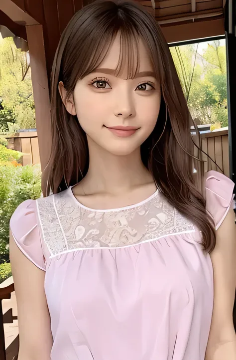 pink blouse，garden，upper body，clear