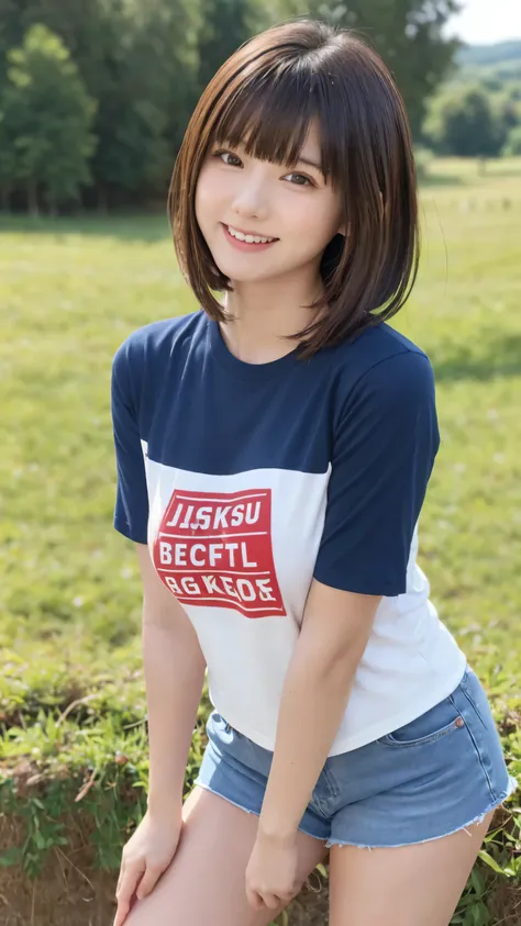 one beautiful girl, (beautiful girl with beautiful legs, delicate:1.3), (16yo:1.3), cropped logo t-shirt, micro mini pleated ski...