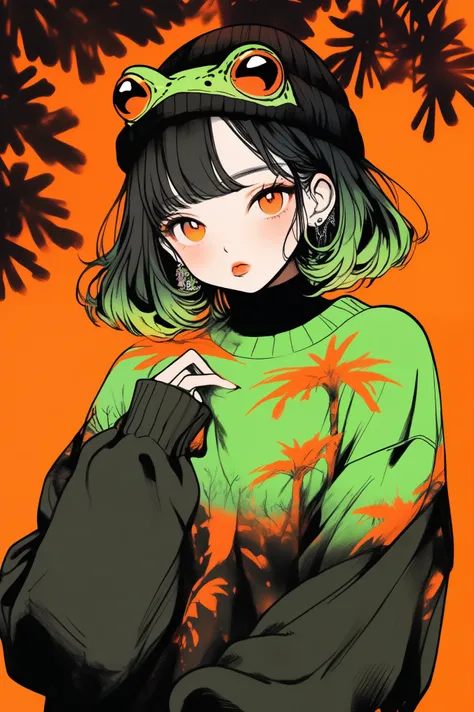 (Highest quality, sketch:1.2),Realistic,Illustrator,anime,1 girl, Detailed lips,sweater,custom,Orange gradient background,Neon Hair,Texture Cropping,Russian, masterpiece, Style: Retro Classic, Dark Black 、Put an open-mouthed tree frog on your shoulder