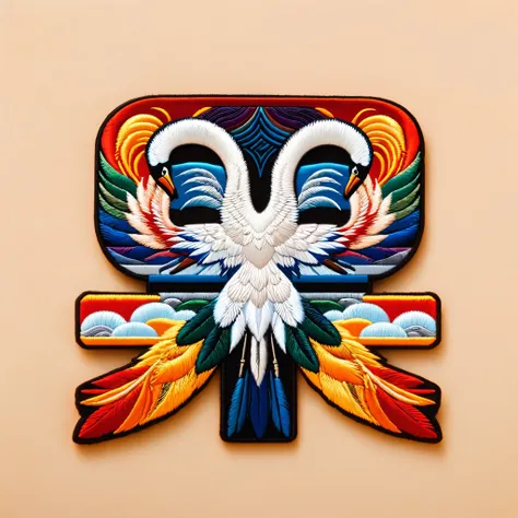 Simple monochrome background，One rainbow embroidered patch，Red-crowned Crane，Waves，Clouds，Exquisite Chinese pattern