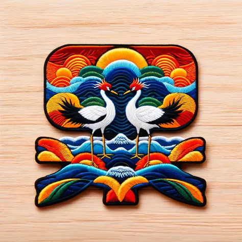 Simple monochrome background,One rainbow embroidered patch,2 red-crowned cranes,fish,Waves,Clouds,Exquisite Chinese pattern