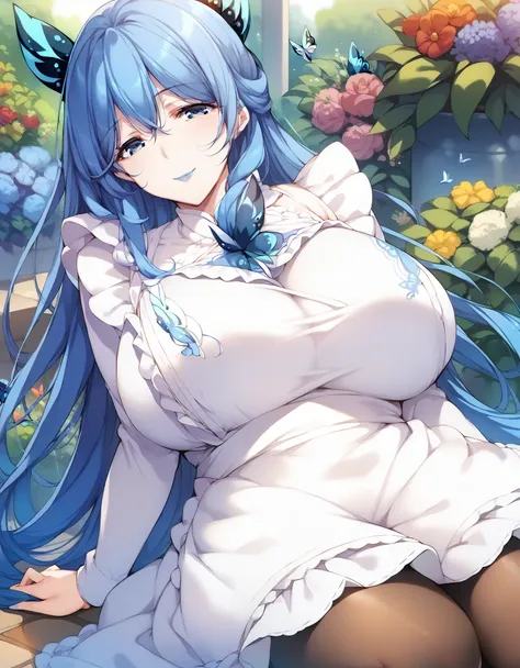 masterpiece, score_9, score_8_up, score_7_up, source_anime, extremely detailed, high quality, 1girl, milf, solo, Mai Aoe, (huge breasts), ((((blue hair), long hair, blue eyes))), blue lips, (((butterfly hair ornament, sweater dress, long sleeves, white apr...