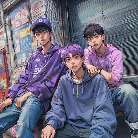 A high school boy wearing purple casual clothes、They seem to get along well together.。Stylish and friendly、Celebrating youth。