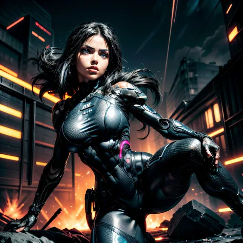 cyborg warrior (Alita Battle Angel), jumping at the viewer in a dynamic position (fighting pose), made of intricate engineering (enhanced cybernetics, pure energy surging throughout her aura, neon fiber optics, portrait, ultra-realism, hyper-detailed, chao...