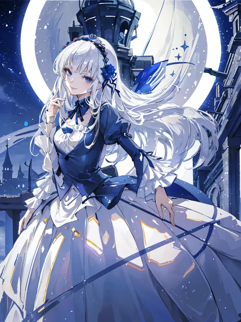 ((highest quality)), ((masterpiece)), (detailed), perfect face, girl, (((a kind smile))), silver hair, very long hair, dark blue...